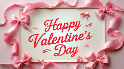 Beautifully decorated festive frame with pink ribbons and bows, celebrating the special occasion of Valentine's Day with a warm greeting