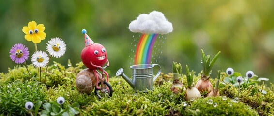 Obraz premium Joyful gardening celebration with whimsical characters and colorful rainbows in a lush green garden setting capturing the essence of nature and playful creativity