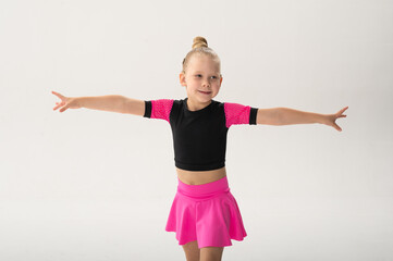 Portrait of child with cochlear implant during dance practice in studio. Hearing loss treatment, auditory rehabilitation, assistive medical device, emotional adaptation, and inclusive healthcare