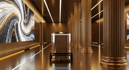 Autonomous Delivery Robot Navigating a Luxurious Golden Hallway with Ornate Columns and Digital Art Displays.
