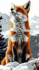 Fototapeta premium Majestic red fox with striking orange, white, and black fur sits attentively on snow-covered rocky outcrop, gazing upwards against backdrop of snow-capped mountains and dense evergreen forest, embodyi