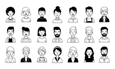 Black and white avatar set of diverse people faces. Minimal line art vector portraits for user profile icons and modern UI design