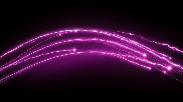 A mesmerizing abstract animation featuring vibrant purple energy lines dynamically flowing and undulating across a dark, void-like background. Bright, luminous points pulsate and streak along these el