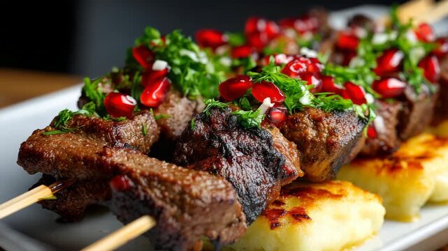 Succulent grilled lamb skewers topped with fresh pomegranate seeds and herbs served on grilled polenta
