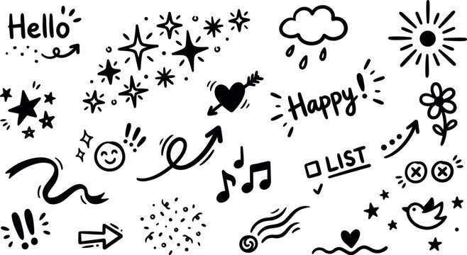 Hand drawn doodle sticker set with happy icons stars sun music arrows heart scribbles bird sheet playful handwritten black vector