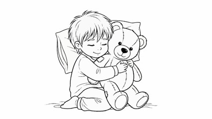 Cute anime boy hugging teddy bear in bed.