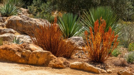 Drought-tolerant succulent garden featuring orange spiky plants and lush green foliage amongst rocks