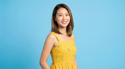 Happy Young Asian Woman Smiling in Yellow Dress on Blue Background
