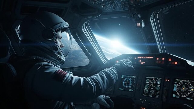 Astronaut piloting spaceship cockpit, Earth visible through window, space exploration