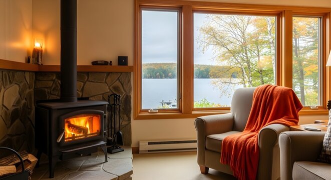 Cozy living room with wood burning stove and lake view background