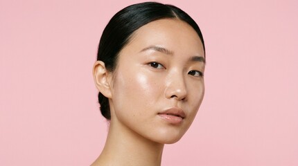 Beautiful Asian Woman with Glowing Radiant Skin on Pink Background