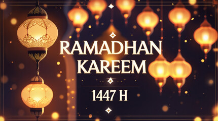 Elegant illustration of a festive Ramadan Kareem celebration background with glowing Arabic lanterns and warm bokeh lights, symbolizing peace and blessings for the holy month
