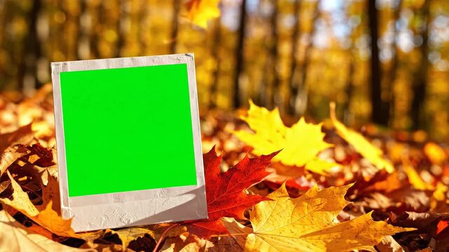 A green screen video of a Polaroid photo in a pile of autumn leaves on transparent background