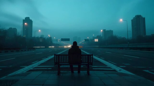 Person Sitting Alone on Bench Facing Foggy Urban Roadway at Dawn