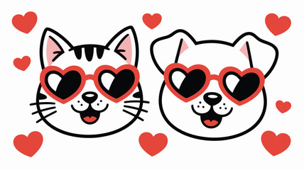 Fototapeta premium Adorable cat and dog with heart-shaped sunglasses Vector