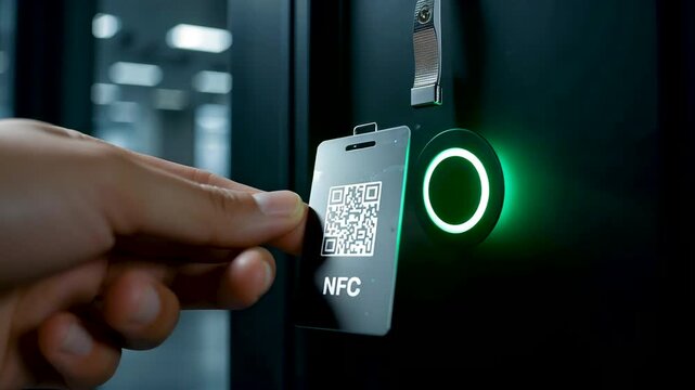 Hand Holding NFC Access Card Near Electronic Door Reader With Green Indicator Light