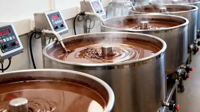Medium shot of industrial melters heating chocolate in batch processing highlighting precise temperature control for smooth rich texture development.
