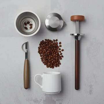 Flat Lay Knolling of Barista Coffee Equipment with Roasted Beans and White Cup (generative ai)