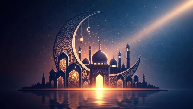 Islamic mosque silhouette with crescent moon and shining light symbol
