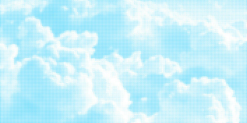 Halftone cloud background. White dotted clouds in blue sky. Pop art heaven wallpaper for banner, brochure, collage, poster, leaflet. Pixelated smoke, smog or fog texture. Vector illustration