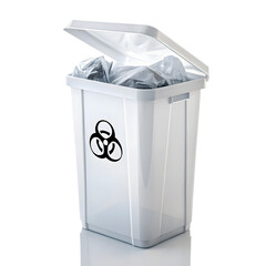 A white biohazard trash can on transparent background