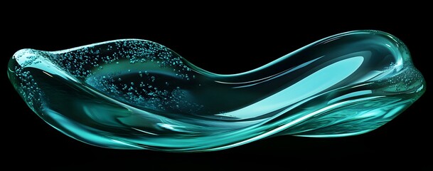 Sculpted wave of translucent blue green liquid material with suspended bubbles floating against absolute black background in studio setting abstraction