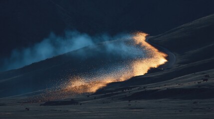 Volcanic eruption with lava flow and smoke at night.