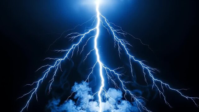A powerful and electrifying bolt of blue lightning dramatically strikes downwards, splitting into multiple intricate branches against a dark, atmospheric background. Wisps of mysterious smoke curl aro