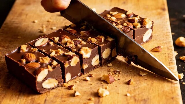 Medium shot of artisan slicing nutheavy chocolate praline slabs with a guillotine cutter highlighting rich textures and crunchy nut pieces.
