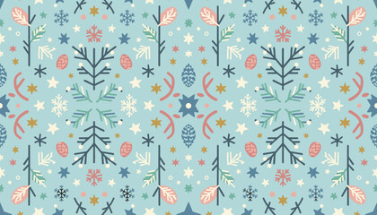 Folk art style seamless winter pattern with trees snowflakes and stars Holiday background