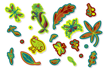 A set of stickers with a frog, butterflies and flowers. Vector illustration.