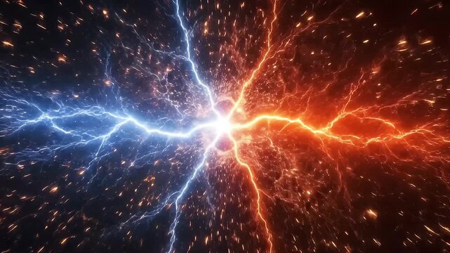A powerful collision of vibrant blue and fiery orange electrical currents culminates in a brilliant central explosion, sending dynamic sparks and energy particles outwards across a dark, abstract void