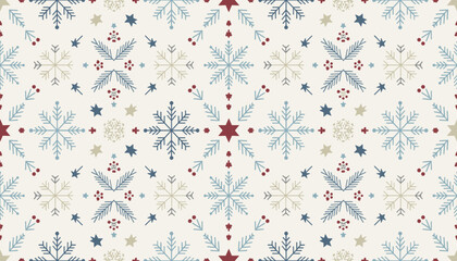 Festive winter seamless pattern featuring snowflakes pine branches and berries Holiday background graphic
