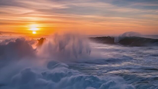 A powerful ocean wave dramatically crashes against rugged coastal rocks during a stunning sunset or sunrise, sending massive plumes of spray and white foam high into the air. The vibrant sky glows wit