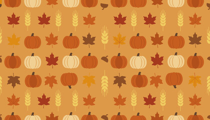 Autumn seamless pattern with pumpkins maple leaves wheat and acorns on an orange background