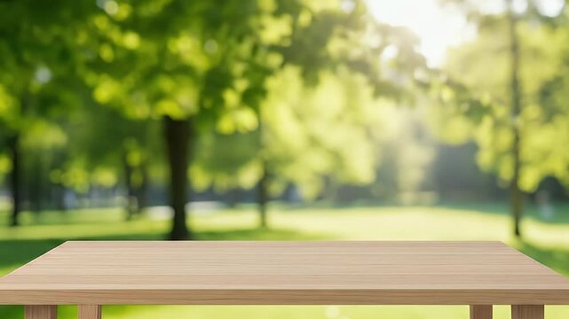 A pristine, light wooden tabletop occupies the foreground, offering versatile copy space or a clear display stage. Behind it, a beautifully blurred natural outdoor scene unfolds, featuring lush green 