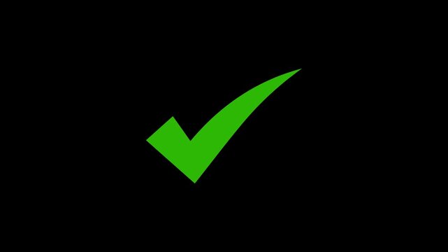 Green tick mark animation on black background. Tick symbol animation, correct sign.