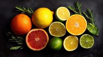 Assortment of colorful citrus fruits and fresh herb sprigs arranged on a dark surface