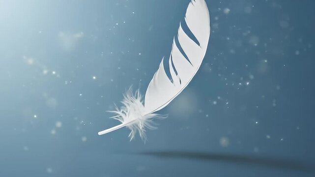 A pristine white feather gracefully drifts and floats against a luminous, soft blue-grey gradient background, surrounded by shimmering, sparkling particles that create a magical bokeh effect. This ele