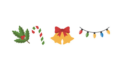 Festive flat vector icons including bells holly candy cane and colorful string lights for holiday design