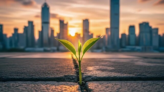A resilient green sprout pushes through a crack in urban concrete, silhouetted against a vibrant cityscape at either sunrise or sunset. The warm golden light dramatically illuminates the delicate youn