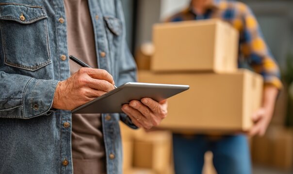 Delivery Team Confirming Shipment Details, the process of verifying and organizing deliveries. Ideal for logistics, e-commerce, or delivery service marketing materials.