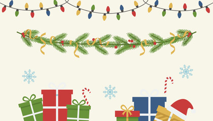 Christmas holiday frame with colorful lights evergreen garland and stacked gift boxes