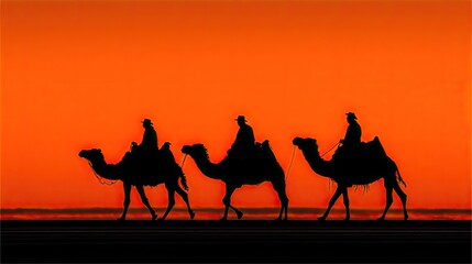 Three figures travel across a flat horizon atop camels silhouetted against a vibrant orange sunset