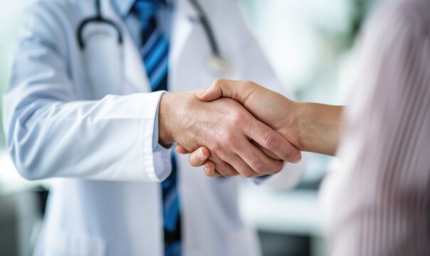 Doctor and Patient Shaking Hands, conveying trust, care, and a positive doctor-patient relationship. Ideal for healthcare marketing, medical practice websites, or patient education materials.