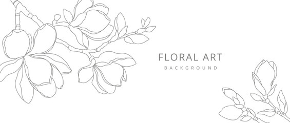 Abstract floral background with minimal pattern magnolia flowers in line art style. Hand drawn botanical elements. Vector illustration for card, banner, print, cover, wedding invitation, packaging © Feodora_21