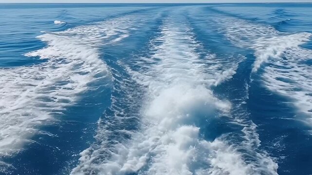 A serene and expansive view of a boat's foamy white wake cutting through the deep blue ocean water on a clear day. The vibrant sea stretches towards a distant, calm horizon under a light blue sky, sug