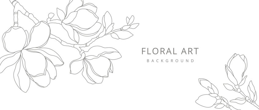 Abstract floral background with minimal pattern magnolia flowers in line art style. Hand drawn botanical elements. Vector illustration for card, banner, print, cover, wedding invitation, packaging