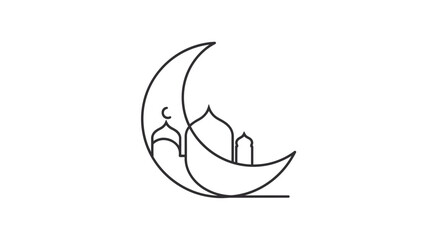 Simple Line Drawing of Mosque on Crescent Moon. © sakura