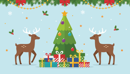 Vector Christmas background with festive tree presents reindeer and garland banner © VisualPro